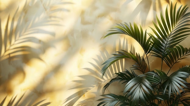 Beautiful palm leaves create elegant shadows on a beige wall, casting a serene ambiance with a touch of natures beauty photo