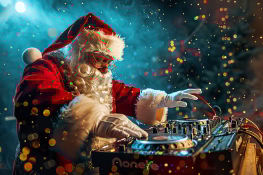 A man dressed as Santa Claus is playing music at a party photo