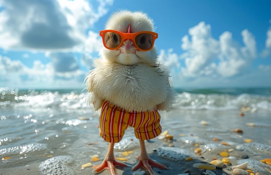 Chicken is wearing sunglasses and striped pants on the beach. photo