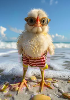 Baby chicken is wearing sunglasses and red and white striped bathing suit on the beach. photo