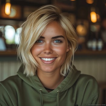 A young woman with blonde hair smiles brightly, wearing a green hoodie in a cafe setting photo