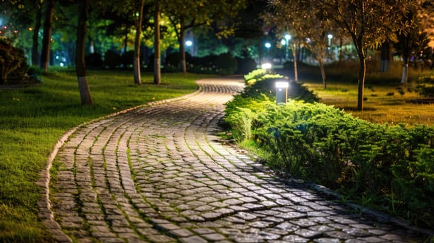 A pathway in a park at night with lights photo