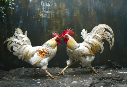 Two roosters fighting in farm photo