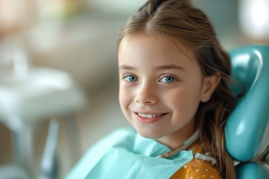 smiling girl at a dentist appointment sitting in a dental chair photo