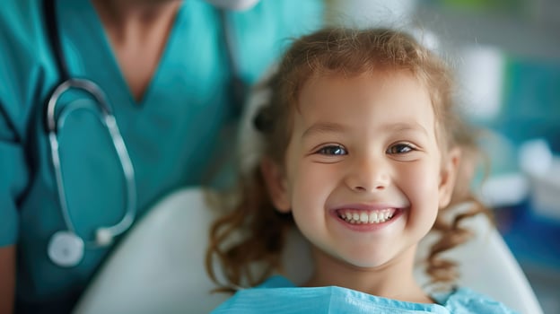 smiling girl at a dentist appointment sitting in a dental chair photo