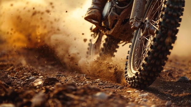 wheel of motorcycle riding on dusty road photo