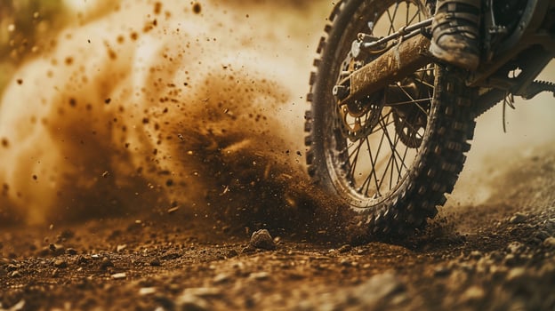 wheel of motorcycle riding on dusty road photo