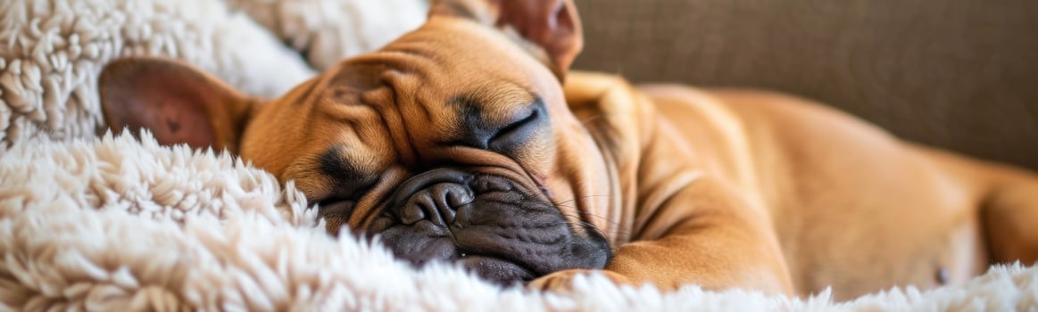 Puppy sleeping on a fluffy blanket on a couch photo