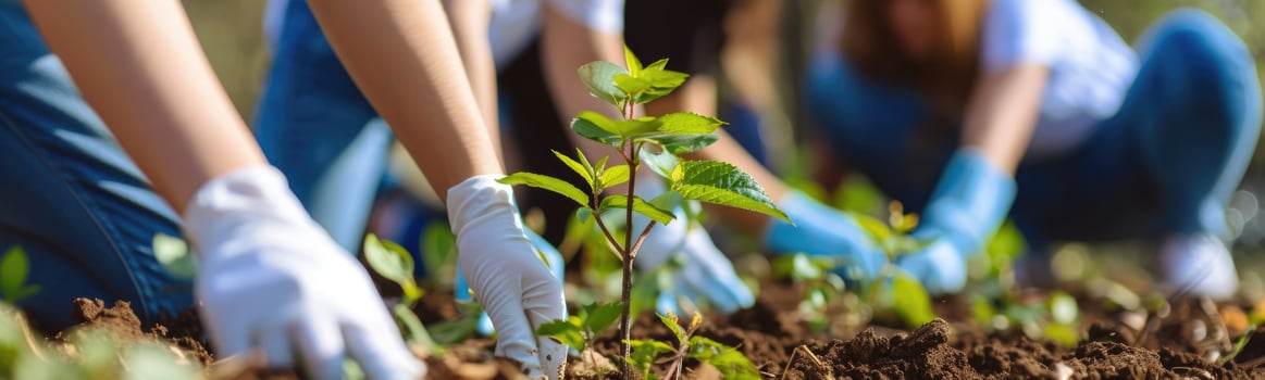 Several people in blue shirts and white gloves are planting a plant, volunteer day photo