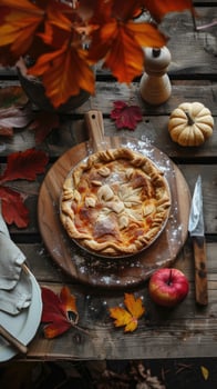 Pie on a wooden table with autumn leaves, baking pies, food background photo