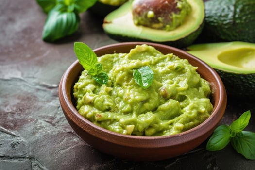 Bowl of guacamole with a spoon and a leaf, food background photo