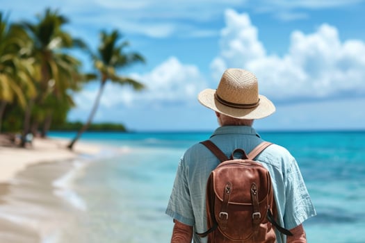 Man with a hat and a backpack walking on the beach, travel background photo
