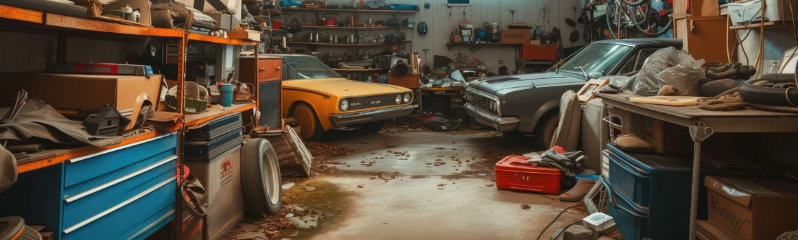 Many cars parked in a garage with many shelves, garage sale photo
