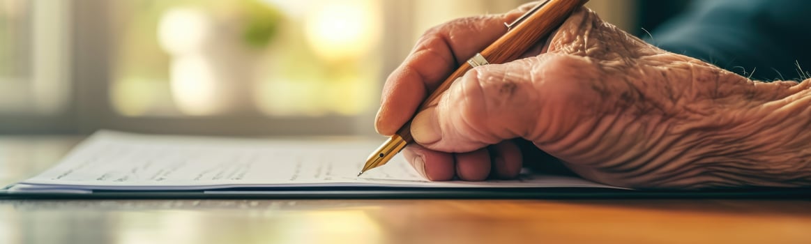 Someone writing a letter with a pen on a piece of paper photo