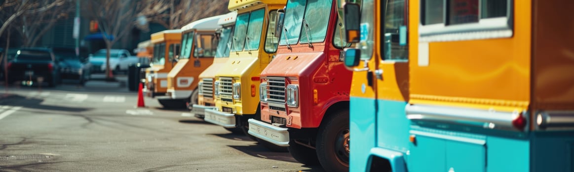 Several colorful buses parked in a row on a city street photo