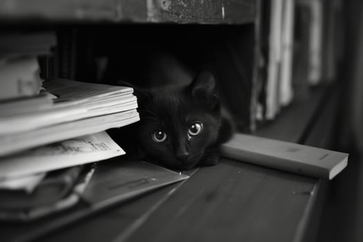 Black cat that is hiding under a book shelf, animal background photo