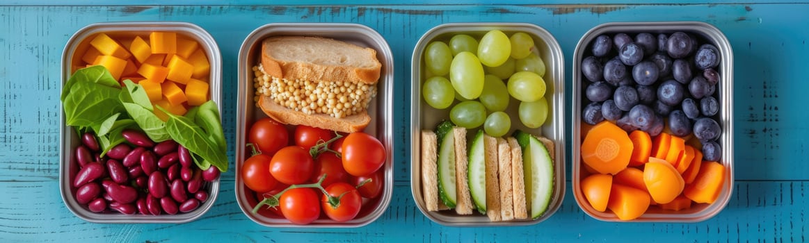 Four containers of different types of food are lined up on a blue surface, school lunches photo