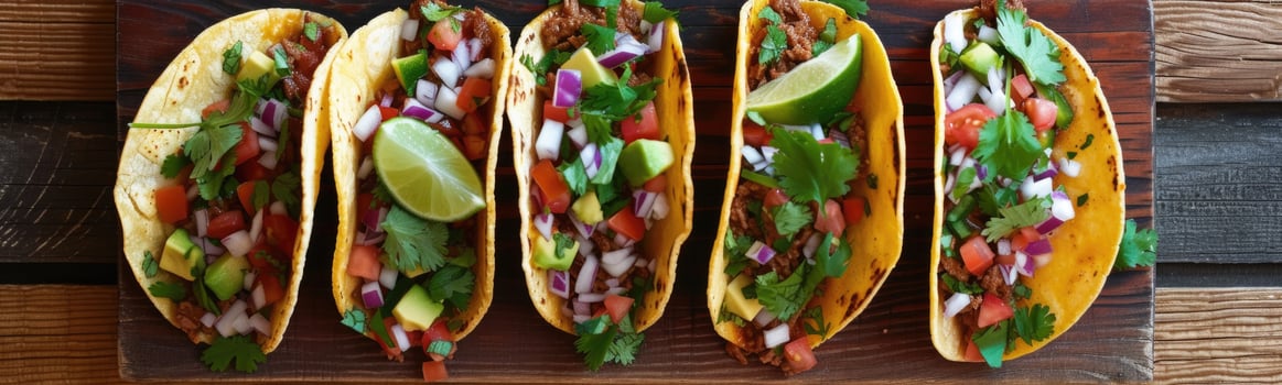 Several tacos are lined up on a wooden board with lime wedges, food background photo