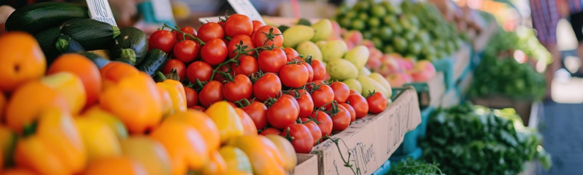 Tomatoes, peppers, cucumbers, and other vegetables are displayed at a market, farmers market photo