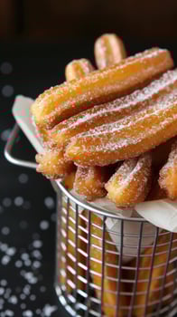 Basket of churros that are sitting on a table, food background. photo