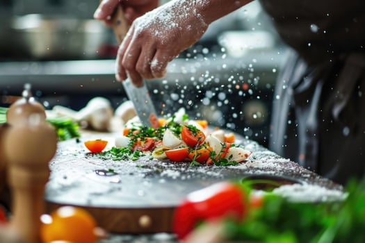 Someone is cutting up vegetables on a cutting board with a knife photo