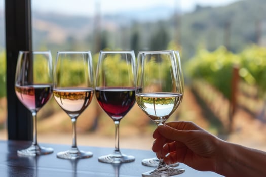 Someone holding a glass of wine in front of a row of wine glasses, wine tasting photo