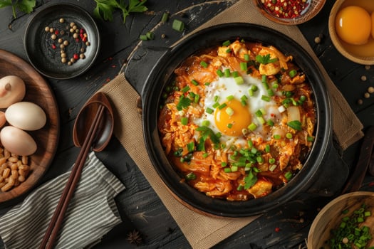 Bowl of food with eggs and beans on a table, korean food photo