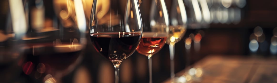 Several glasses of wine are lined up on a table, wine tasting photo