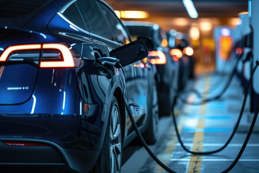Cars are parked at a charging station with their lights on photo
