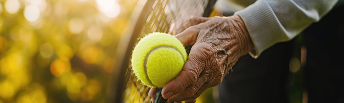 Someone holding a tennis ball on a tennis racket with a blurry background photo
