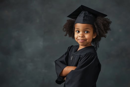 Back to school. A Little gilr kid in a graduate passed suite, standing with hands crossed folded on dark background. school kid photo