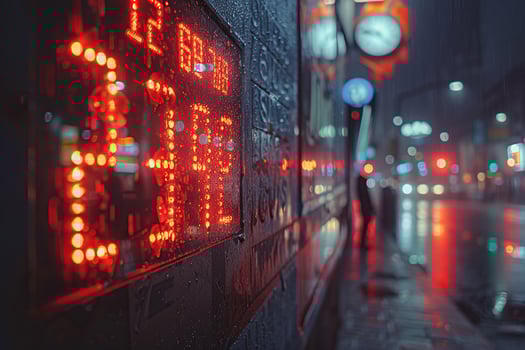 Timetable board with big blurry red numbers in rainy weather. Generated by artificial intelligence photo