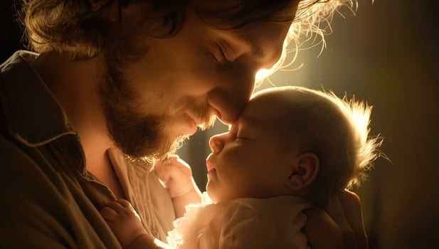 A father cradles his newborn baby in his arms. . photo