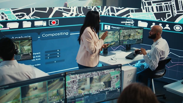 Indian manager and her team monitoring their delivery cars in traffic, following the best routes through surveillance CCTV system to guide the couriers. Control center map navigation. Camera B. photo