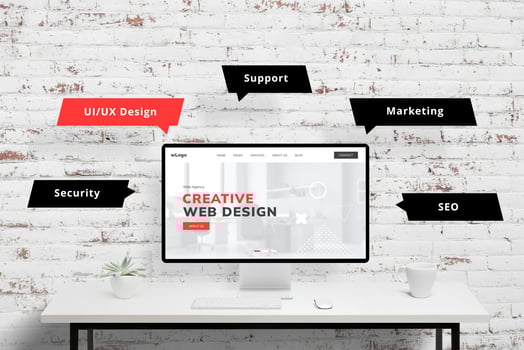 Creative web design agency page with UI, UX design, support, marketing, SEO, security elements flying around. Agency concept presentation visualized in modern style photo
