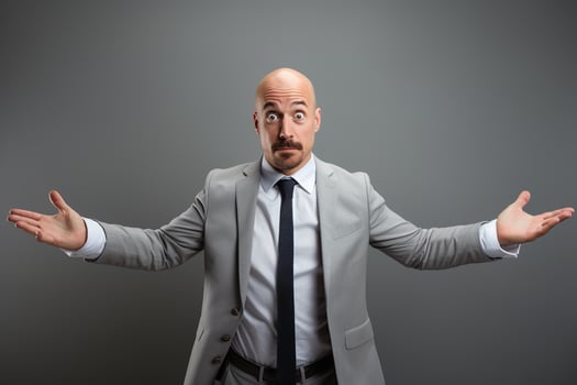 Portrait Man in a gray suit with surprised expression, arms open in a questioning gesture stands against a plain background, Man holding his arms open photo