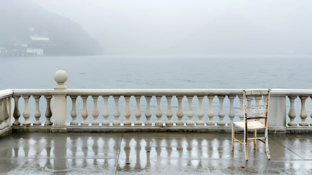A chair sitting on a balcony overlooking the water photo