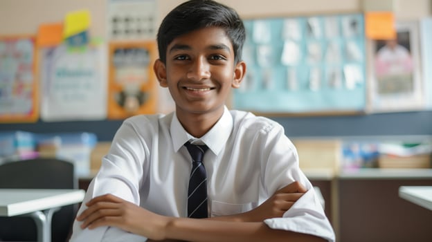 Cheerful Bangladeshi High School Boy in a Classroom Setting, Education and Learning, Student Life Concept photo