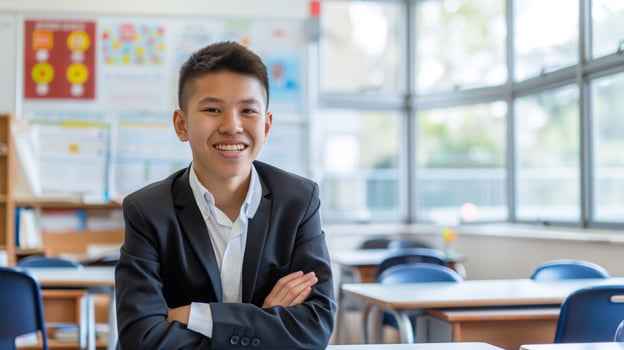 Smiling Chinese Teenage Boy in a Classroom, Education Concept, Learning Environment, Back to School, Student Success photo
