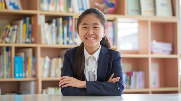 Smiling Chinese Teenage Girl Sitting at School Desk, Promoting Education, Youth and Diversity photo