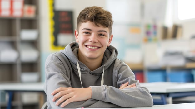 Smiling Teenage Boy in Classroom, British High School Student, Education and Study Environment, Youth and Diversity Concept photo