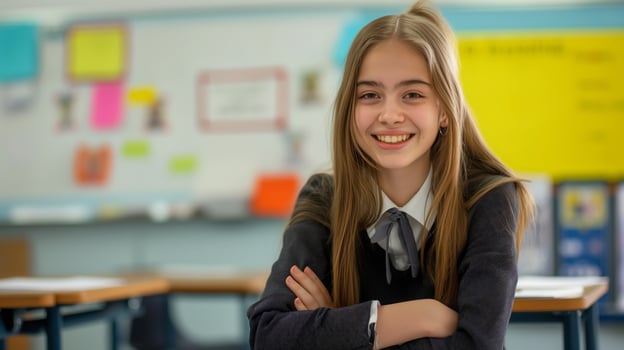 Teenage British Girl Smiling in Classroom. Diverse Educational Stock Photo for School-Related Designs