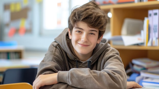 Teenage French Boy in Classroom Setting, Smiling at Camera, Casual Hooded Sweatshirt, Education, School Environment photo