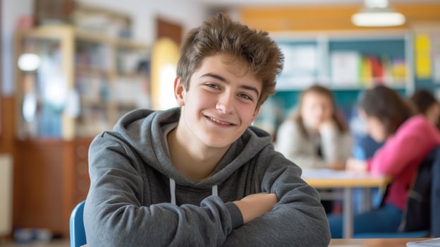Teenage French Boy Studying in Classroom Setting, Educational Environment for Learning, School Life, Youth Education, Diversity and Inclusion Concept photo