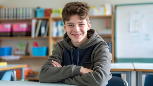 Western European Teenage Boy Smiling in Classroom, Education, Youth Portrait, School Setting photo