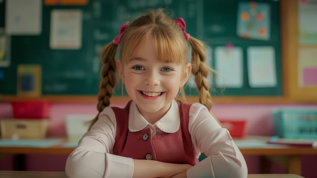 Young British Girl at School Desk, Classroom Background, Childhood Education Concept, School Environment, Learning Atmosphere photo