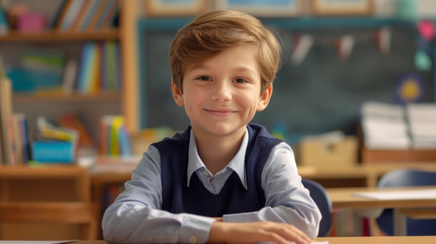 Young French Boy Learning at School, Smiling Student in Classroom Setting, Education Concept for Learning and Teaching Posters photo