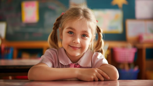 Smiling Young French Girl in Classroom, Education and Learning Concept for Print, Poster, Card Designs photo