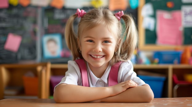 Smiling Young Girl in Classroom Setting with Pigtails, Primary Education, Happy Child Learning, School Environment photo