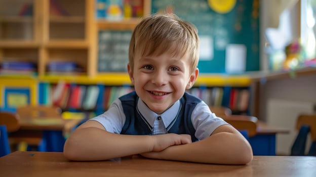 Smiling Young Western European Boy in Classroom Setting, Perfect for Educational Materials and Print Posters photo